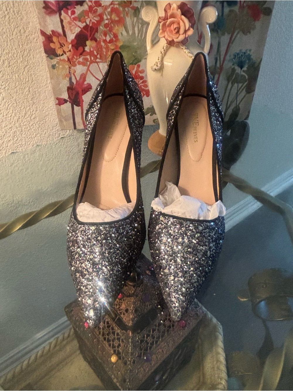 Eve by Eves Glitter Pointed-Toe High Heels in Silver
